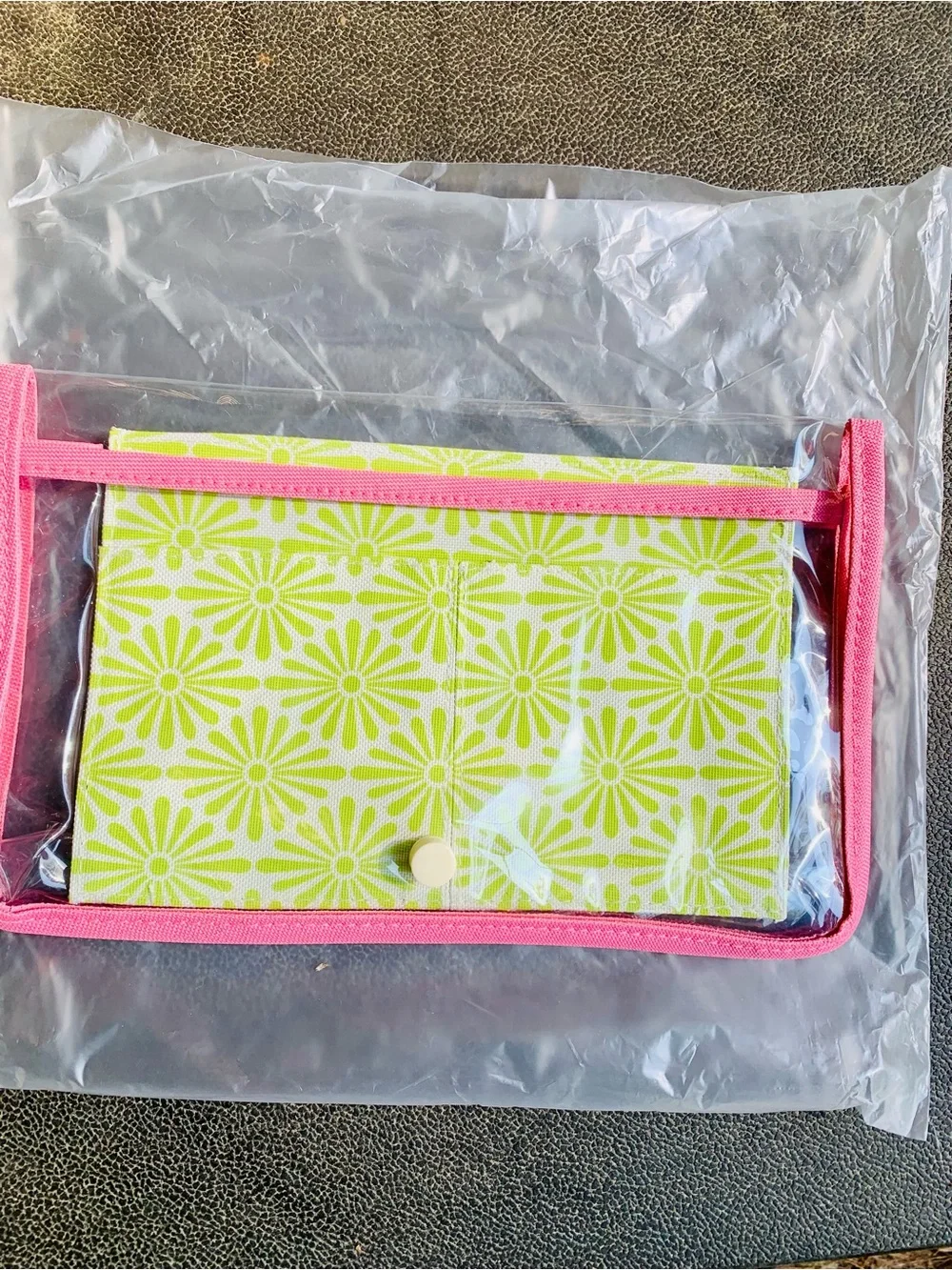 Clear travel cosmetic bag Green Daisy Snap with Pink-Trim